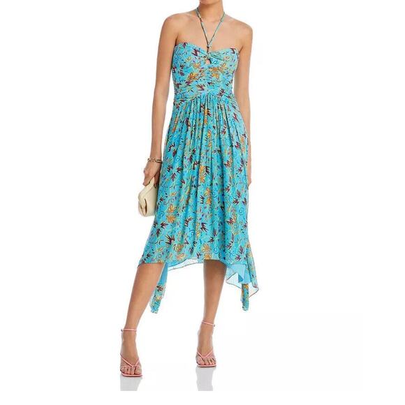 A.L.C. VIOLET BLUE TEAL SILK PRINTED HALTER SLEEVELESS ASYMMETRIC MIDI DRESS - Picture 5 of 7
